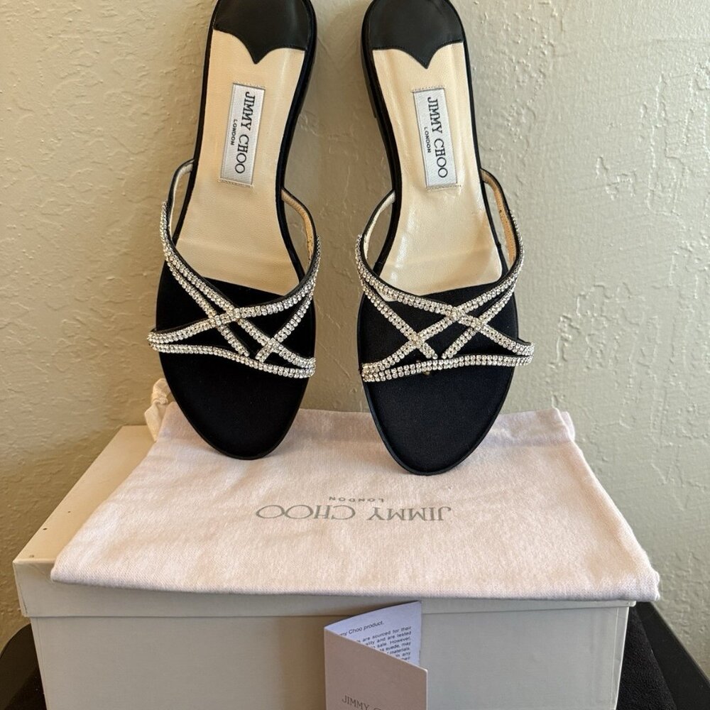 Jimmy Choo NEW Black Crystal Flat Thong Sandals